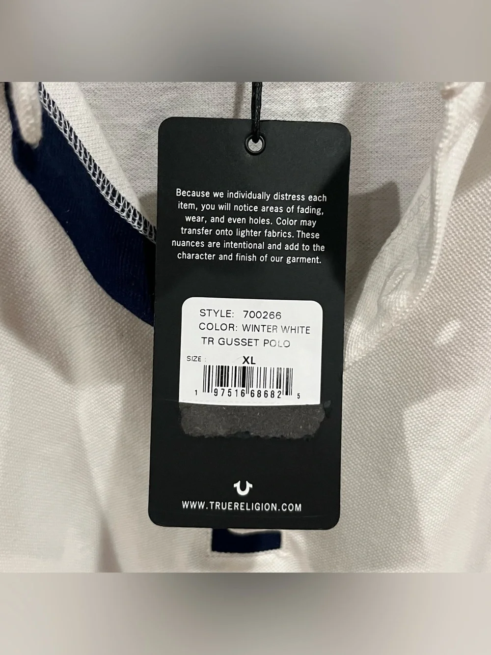 True Religion 100% Cotton White Gusset Polo with Navy Trim